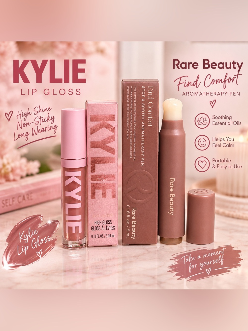 Kylie High Shine Lip Gloss & Rare Beauty Find Comfort Aromatherapy pen